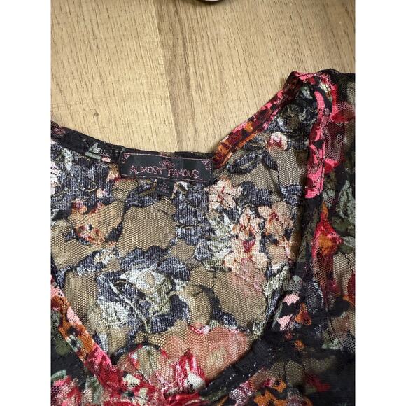 Almost Famous Sheer Floral Lace Tank Top Dress Black Pink Roses - Picture 2 of 5